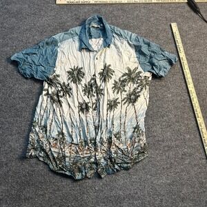 Back East Button Down Mens Size XL Blue Rayon Palm Tree Tropical Short Sleeve